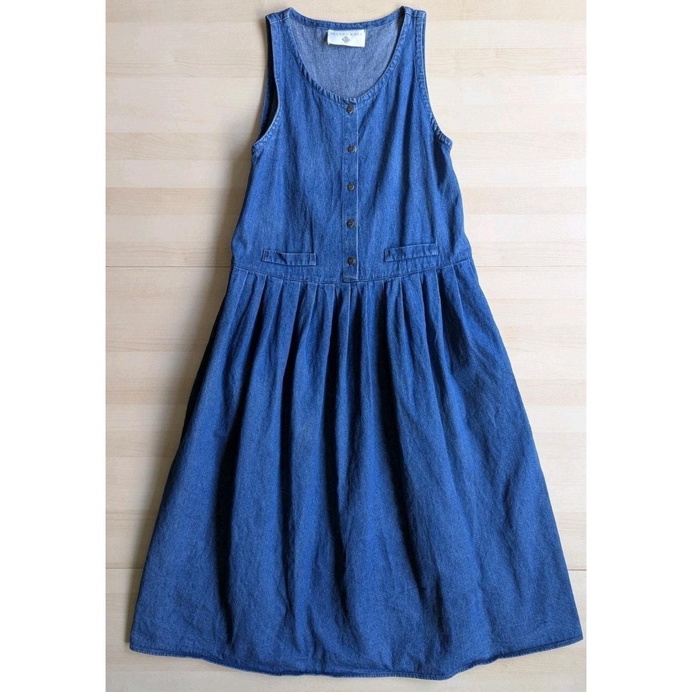 Eileen West Vtg 90s Minimalism Denim Dress Pockets Cotton Button Front USA Made